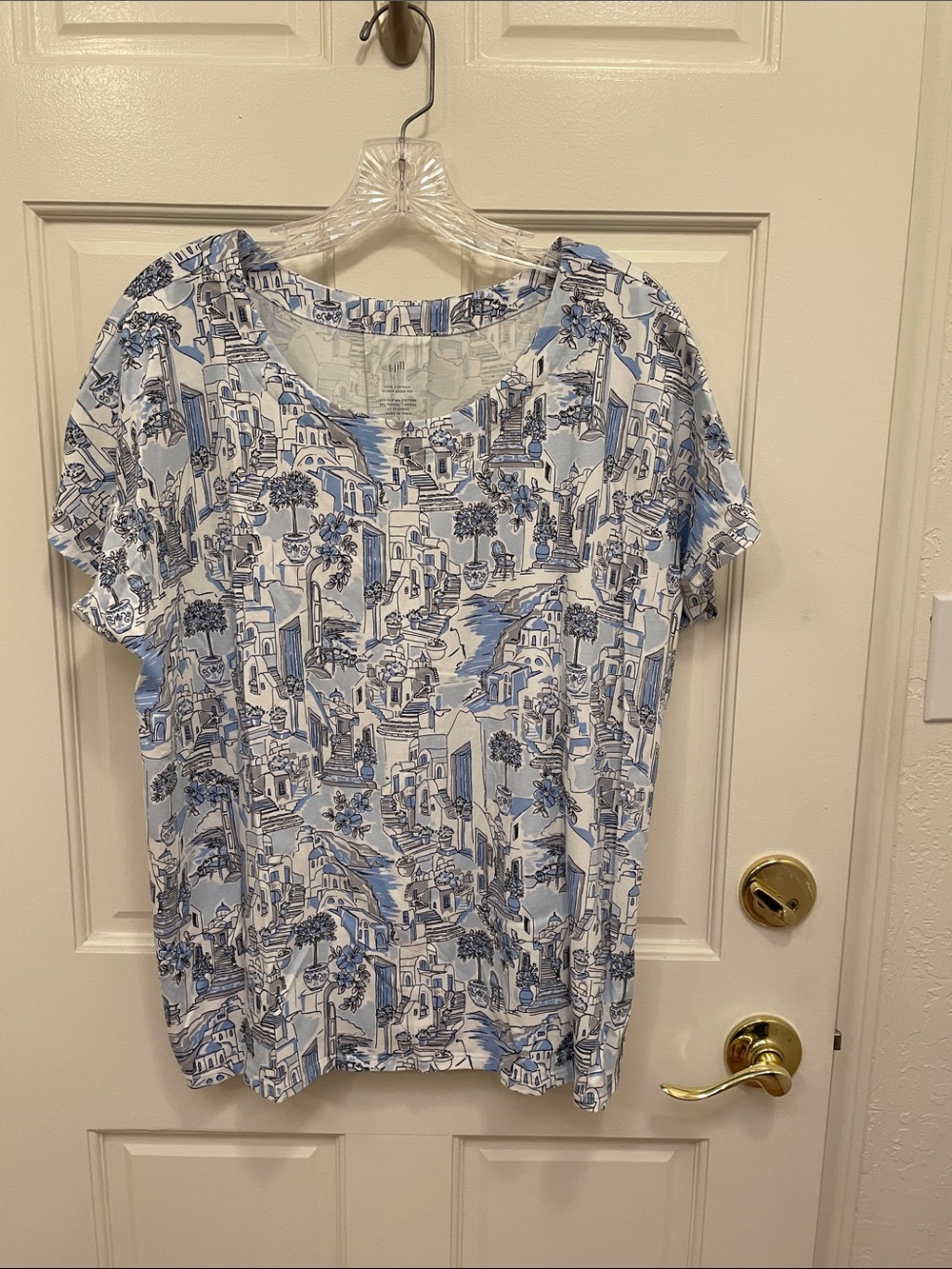 J.Jill Luxe Supima scoop-neck tee 2026 in Blue Mediterranean escape print size L